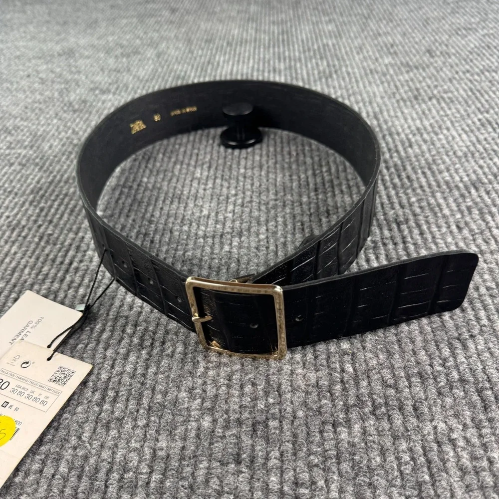 NWT Zara Leather Belt Women Size 80 US 30 UK 30 Black Croc Embossed Gold Buckle